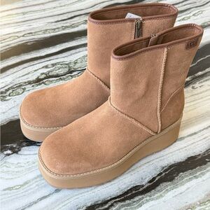 UGG Tan Suede Platform Short Zip Boots